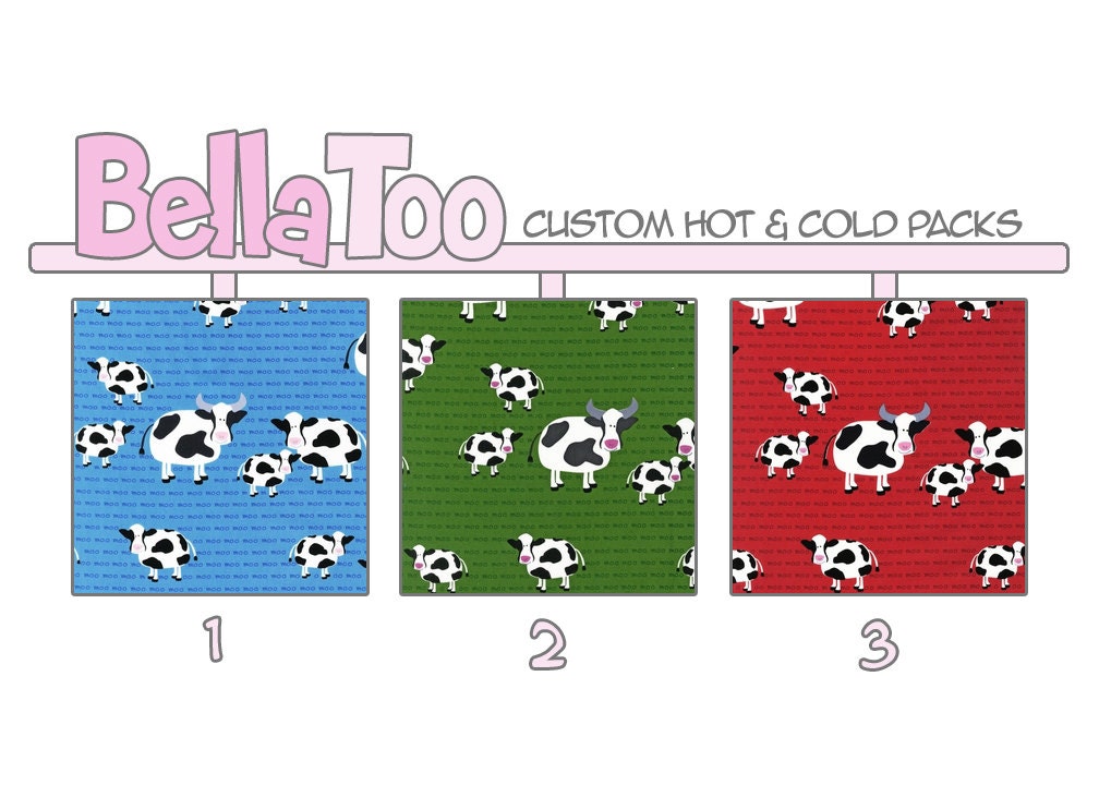 Custom Flaxseed Hot & Cold Pack - Cows Blue Green Red - Choose your Fabric, Size, and Scent - Custom Made by BellaToo