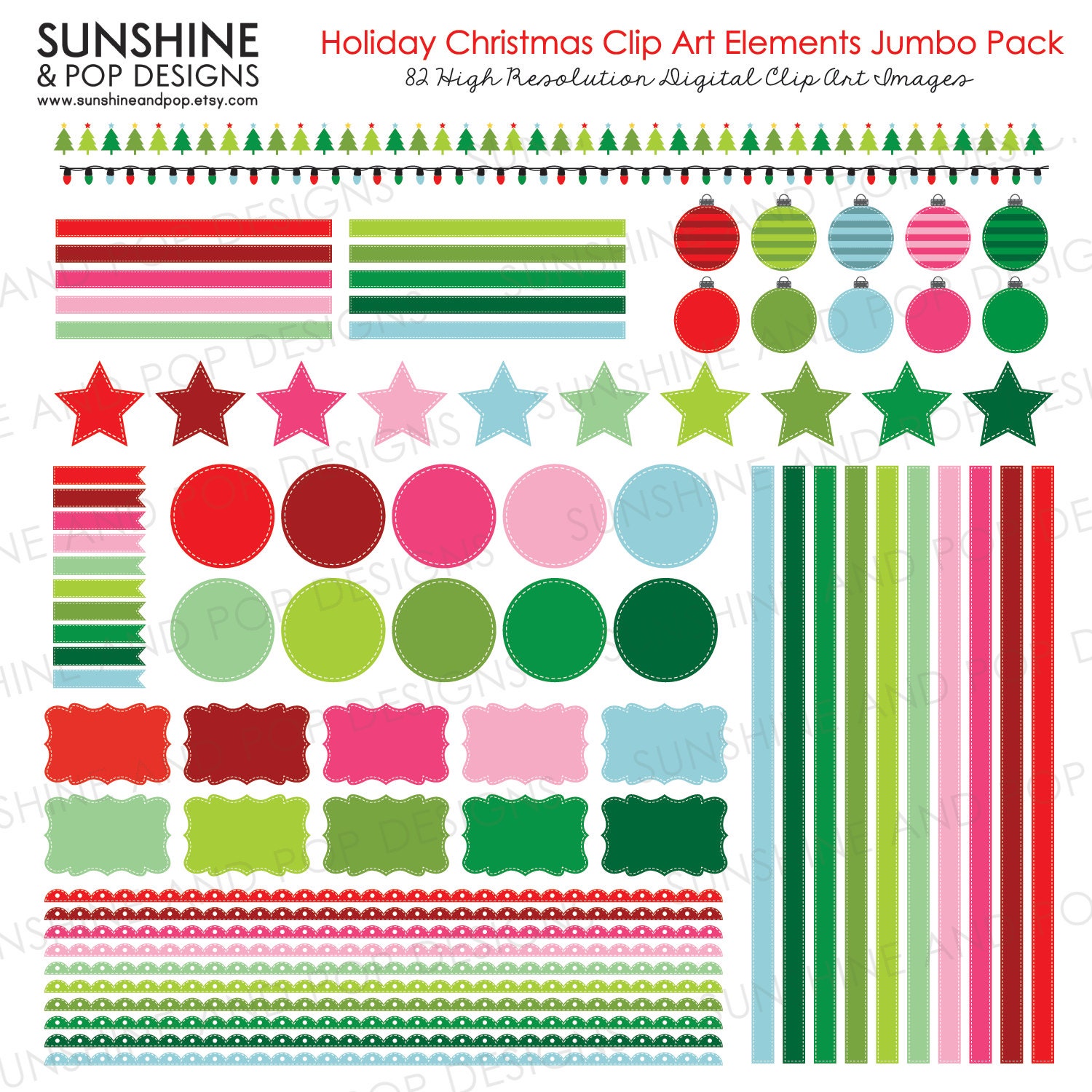 INSTANT DOWNLOAD - 82 Christmas Clip Art Elements Digital Jumbo Pack - scrapbooking labels ribbon stitched borders, holiday colorful clipart Il_570xn