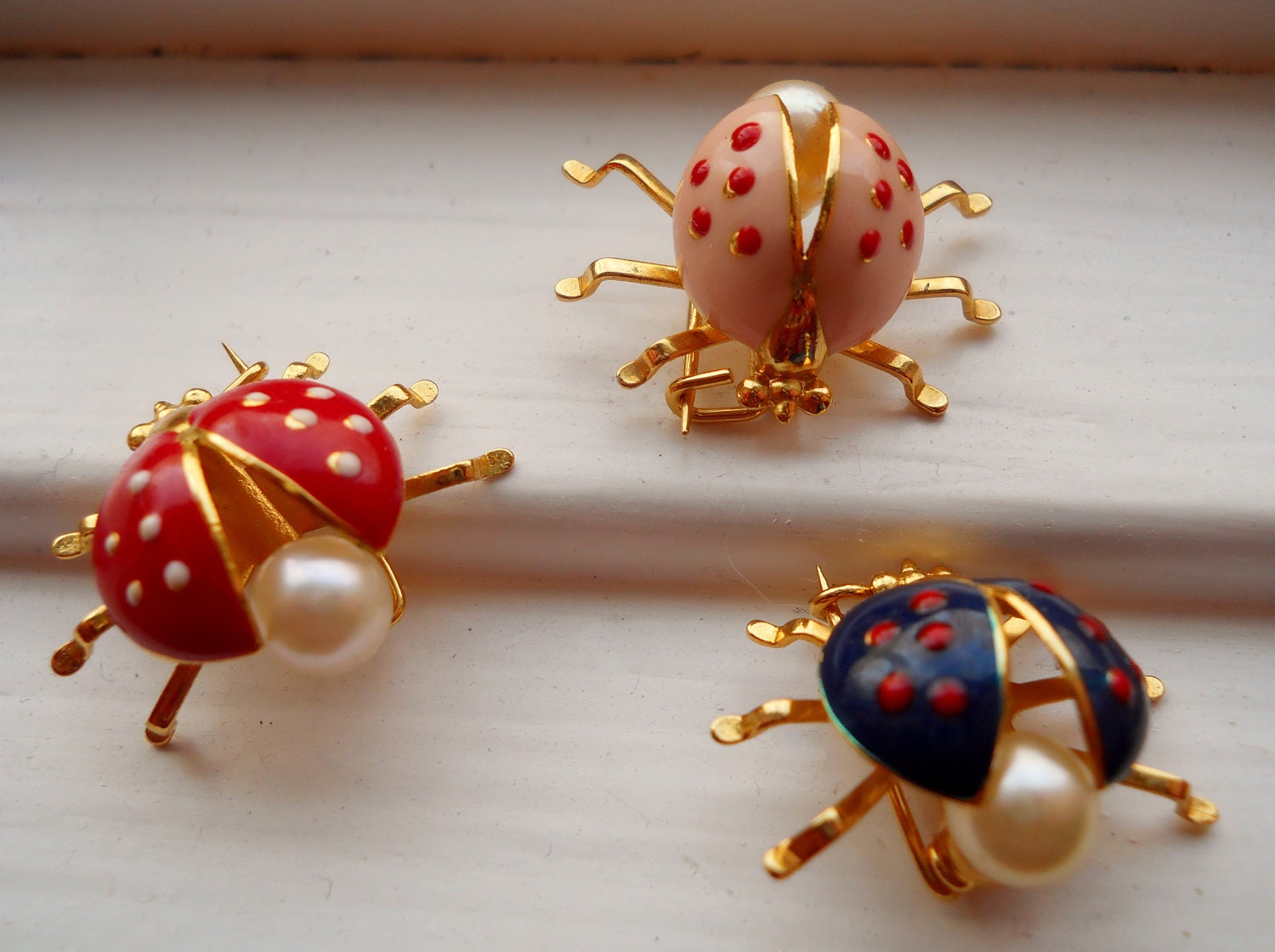 Enamel Pins/Brooches Vintage Lady Bug & Faux Pearl (all 3)