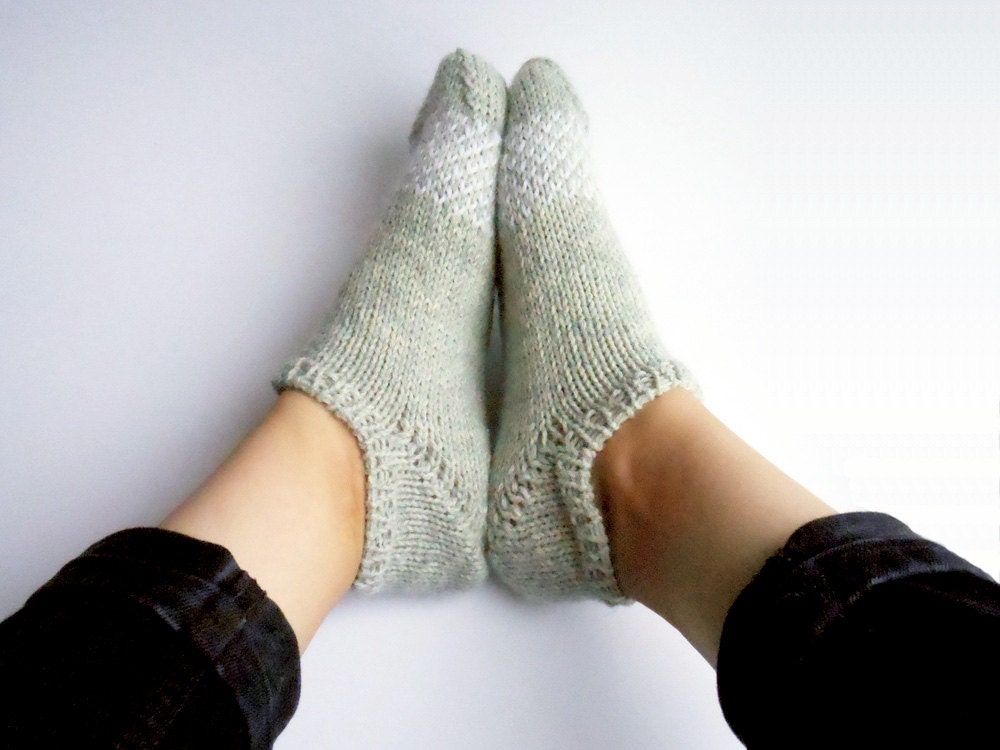 Hand knit grey slipper socks with a white stripe, woolen slippers, small women's size
