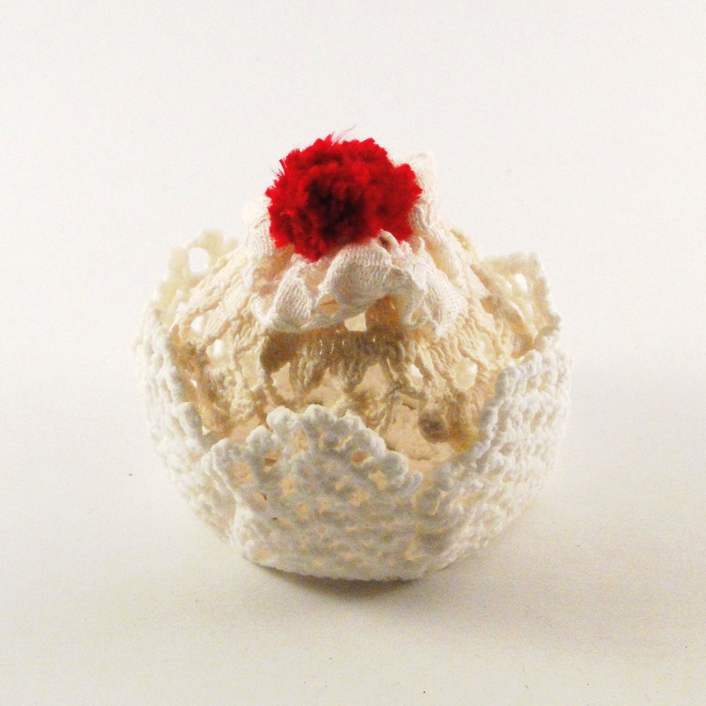 Lace Cupcake Jewelry Box with Secret Compartment- Quirky and Cute gift made with Lace, Doily & Pom Pom Cherry