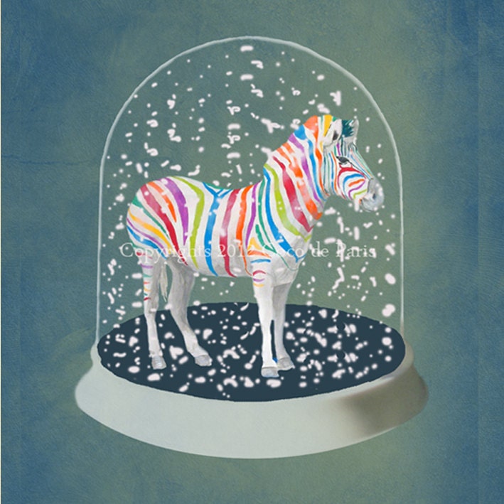 Print Illustration Art Poster Acrylic Painting Kids Decor Drawing Gift : Rainbow Zebra in Snow Globe