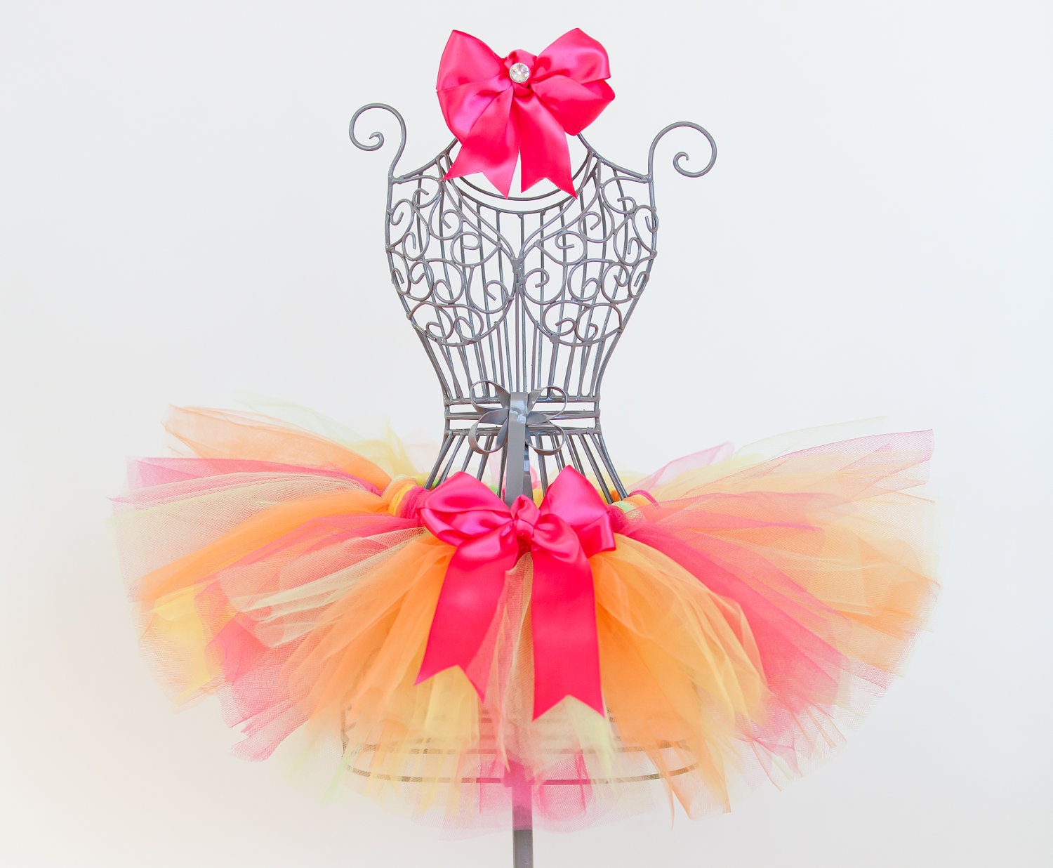 Baby Girls Hot Pink, Yellow, Lime Green and Orange Sewn Tulle Tutu with a Hot Pink Satin Bow and matching Hot Pink Hair Clip with Headband