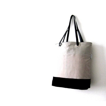 Tote bag leather strap canvas bag shoulder bag gray grey striped black