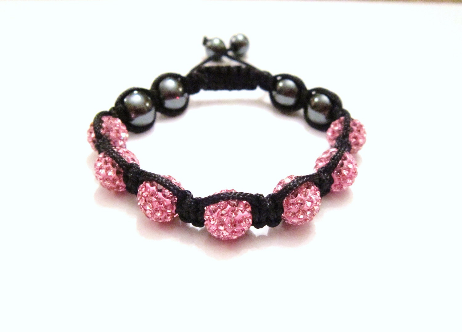 Designer Unisex October Birthstone Pink Swarovski Crystal / Hematite Shamballa Bracelet with adjustable sizes