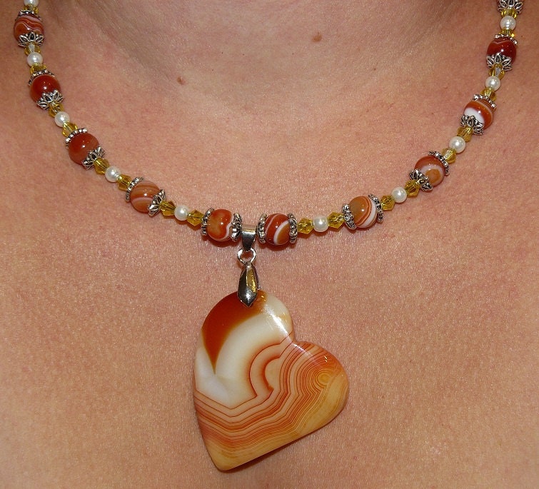 Beautiful handmade one of a kind jewelry necklace Agate Heart Pendant yellow bicone glass pearl beads