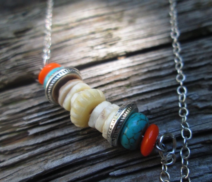 Ostrich Shell / Carved Bone / Turquoise / Blue Magnesite / Orange / Vintage Lucite  / Funky  Bead Choker / Boho / Summer Necklace / Bright