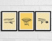Boys airplane nursery art - chevron vintage airplanes -  Art Print Set of 3 8x10 Print