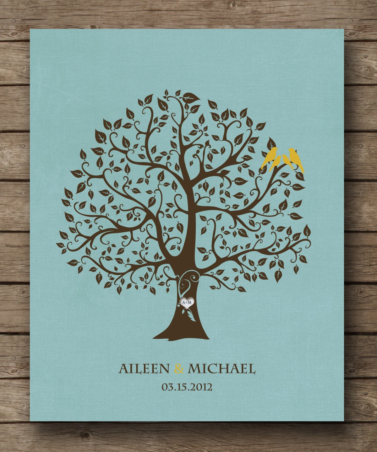 Custom Family Home Gift, Tree with Love Birds, love heart initials, Wall Art Print for the home 8 x 10 Custom colors and fonts