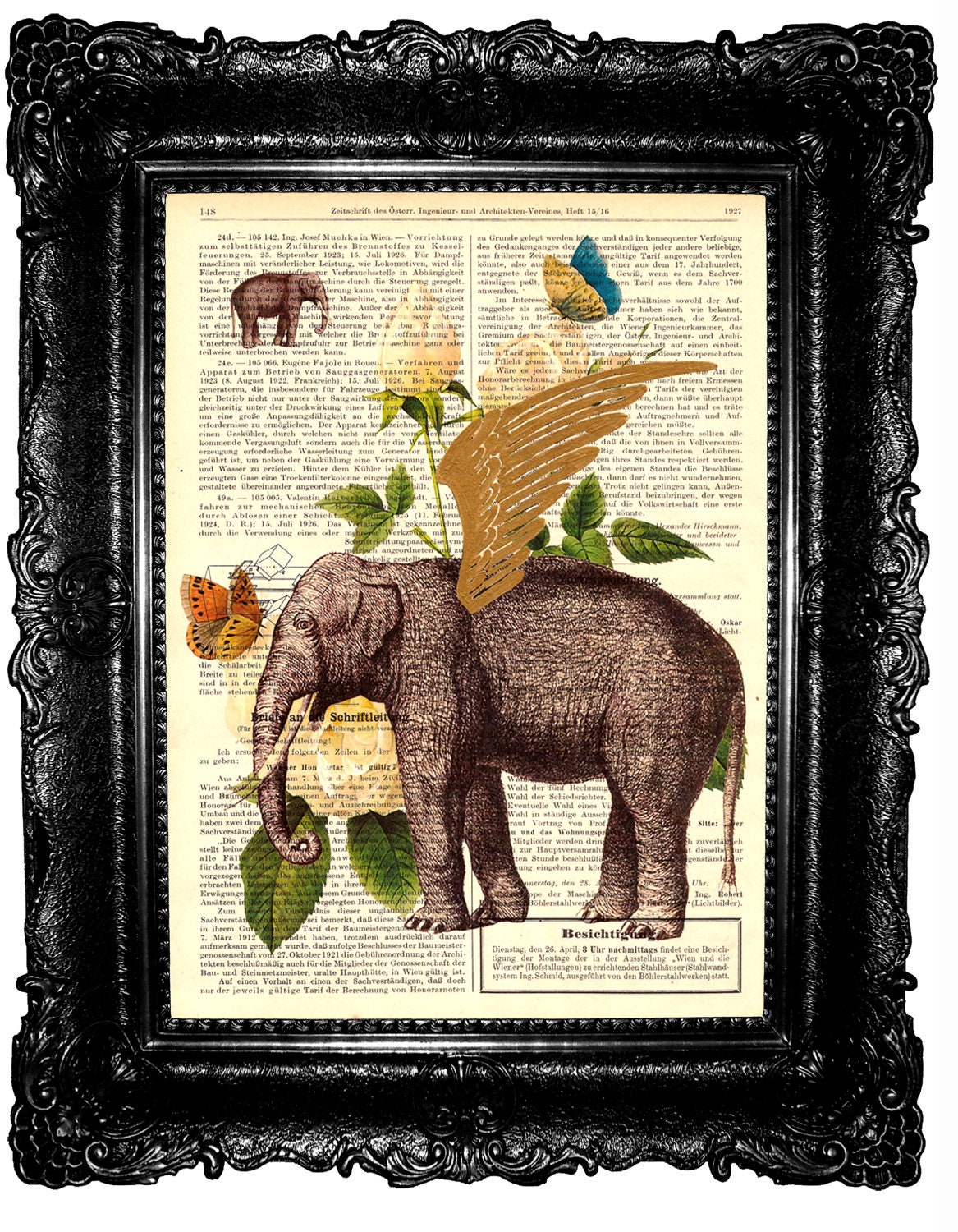 Elephant and Butterfly - ORIGINAL ARTWORK - HAND Painted- Mixed Media - on  vintage magazine
