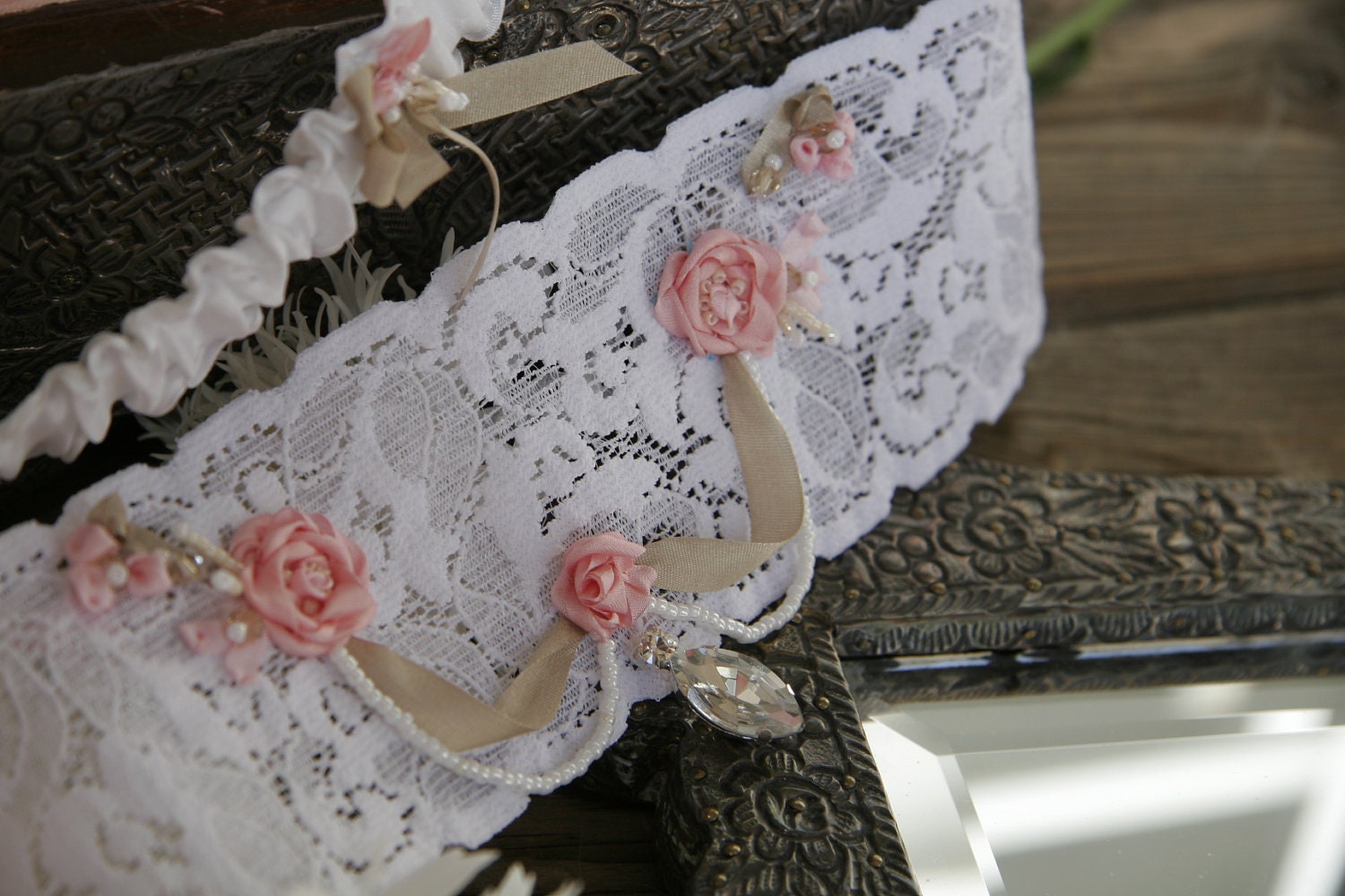 Victorian elegant pearl stretch lace pink silk rosebud swarovski crystal bridal garter custom sized