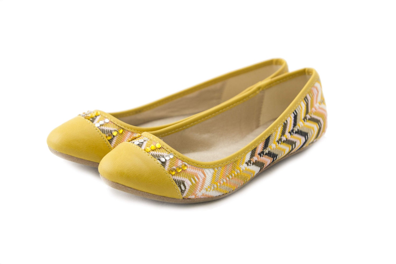 Women's Yellow Woven Flat Shoe Decorated with Sparkles