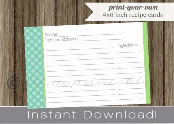 Printable Recipe Cards DIY turquoise dot and lime green INSTANT DOWNLOAD digital Print Your Own, 4x6 inch, perfect for bridal kitchen shower Il_570xn