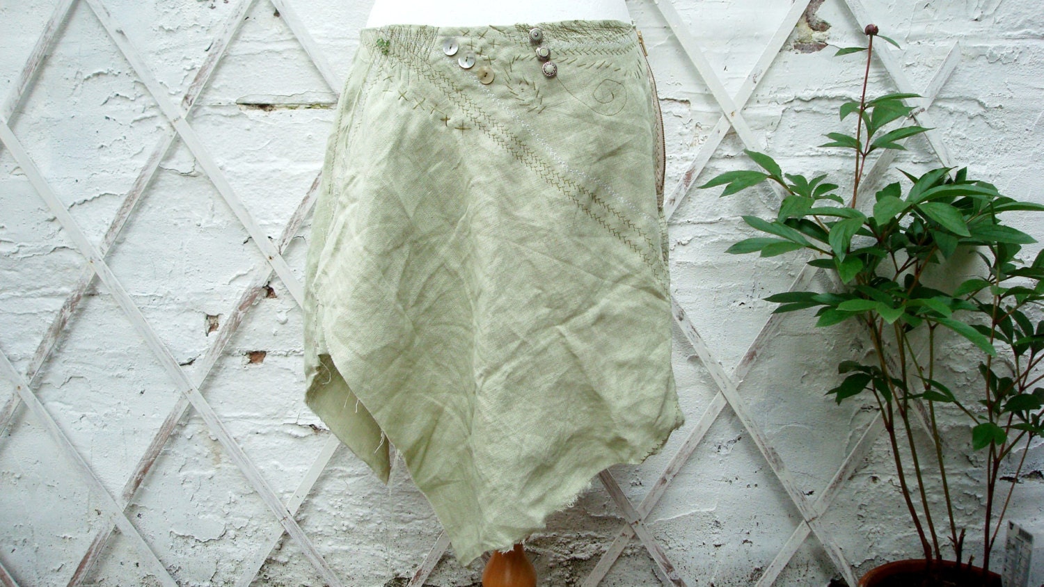 Upcycled Skirt Woman's Clothing Green Tribal Cotton Linien Layers Mori Girl Woodland Bohemian Fairy