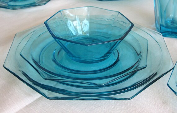 Items similar to Vintage Aqua Blue Depression Glass 4 full serving sets. Octagon pattern (Eight
