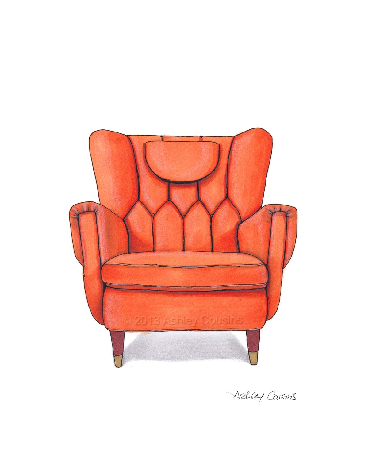 Mid Century Modern Chair Drawing, Orange Nectarine  - 8x10 - RenderingsByAshley