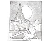 Original Illustration Black and White Print 'Paris Pour Les Amoureux' 8.5 x 11inch