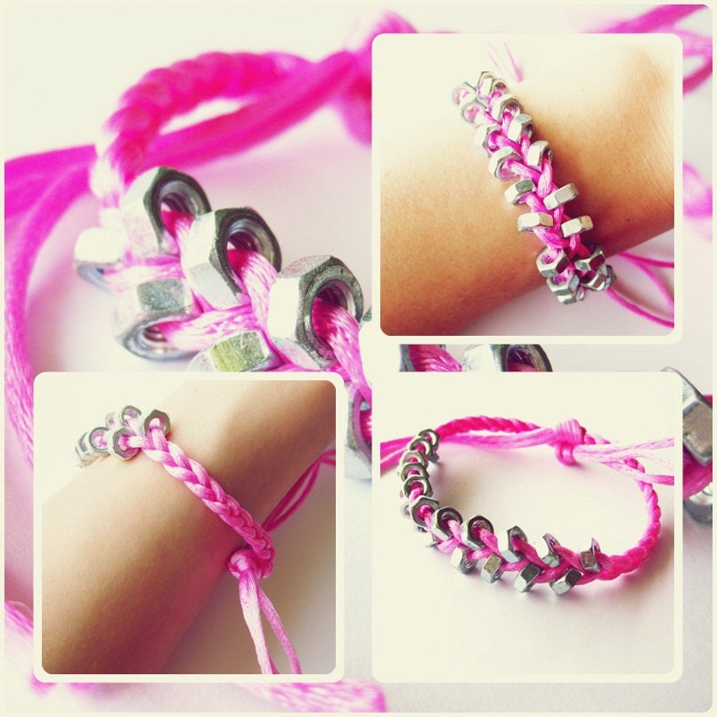 Metal Bolt Nut Beads with nylon colored thread Bracelet Handmade, Cuff, Jewelry Thailand.  JBS8007