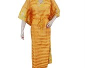 FREE SHIPPING Vintage Caftan Silk Blend  Fabric Check Printed Maxi Summer Wrap Yellow Kaftan - VKF342