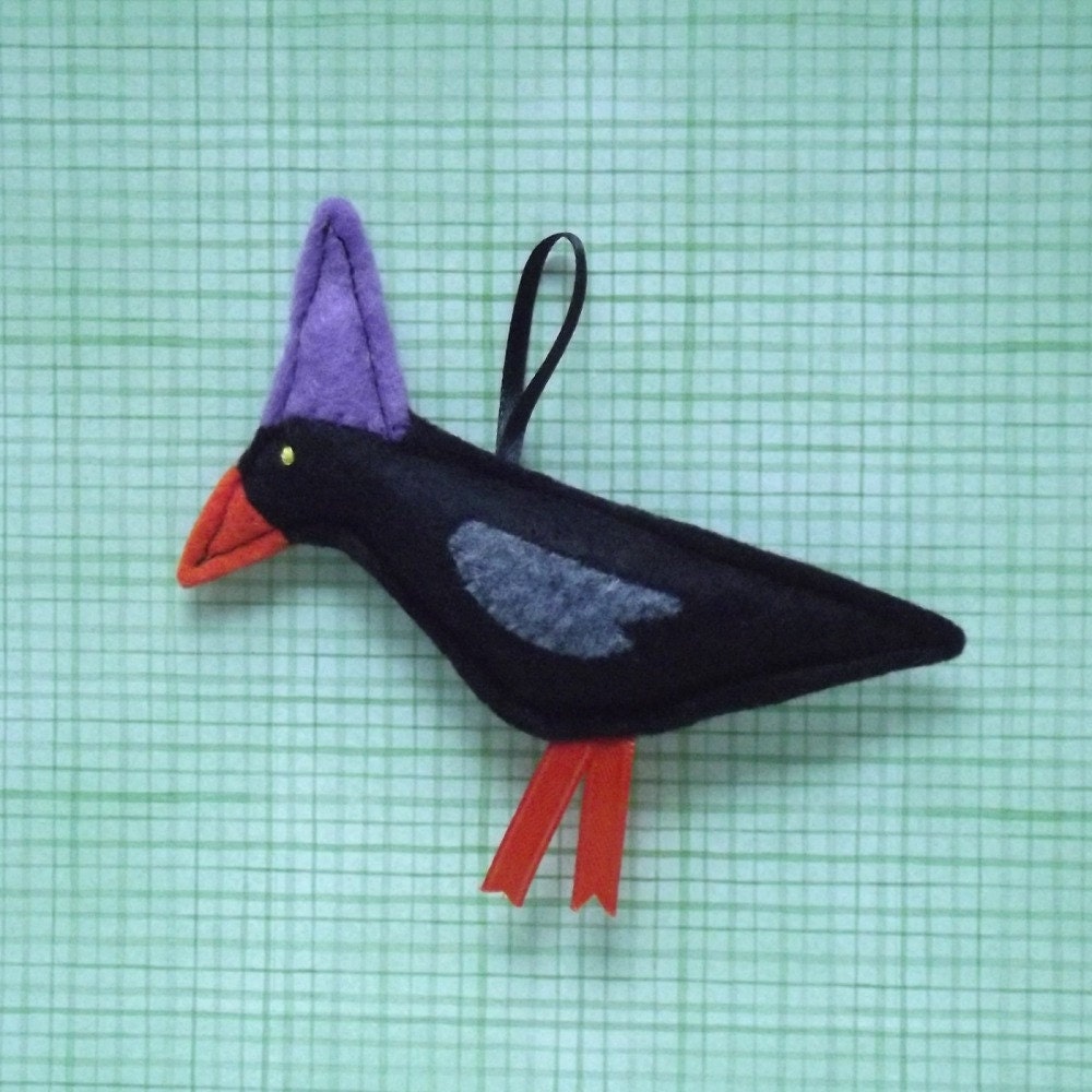 Plush Halloween Ornament Blackbird Crow Raven with Purple Hat