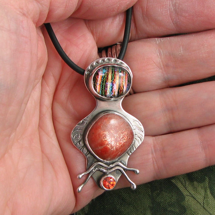 SUN BIRD sunstone, dichroic glass and orange cz sterling pendant