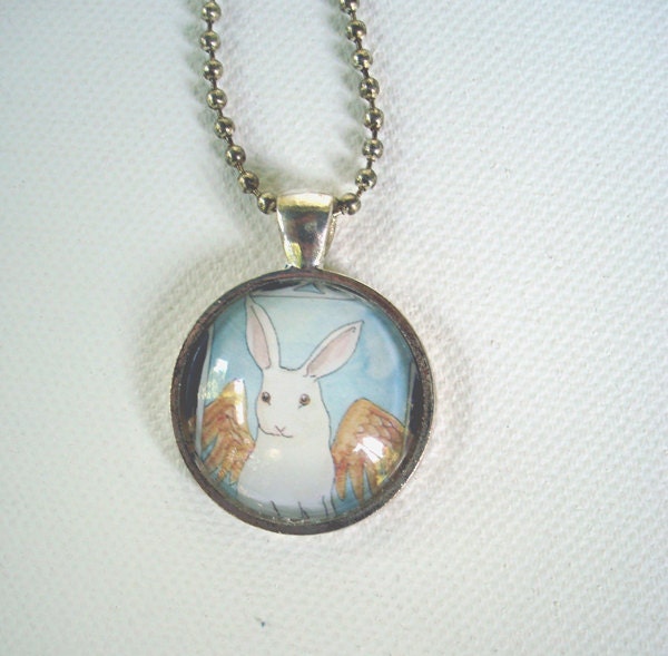 SALE - Bunny Angel - Unique Round Pendant - White Rabbit with Golden Wings -Rabbit Necklace