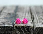 Hot Pink Earrings . Neon Pink Rose . flower post earrings