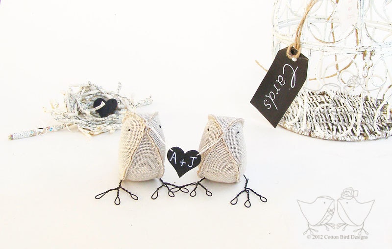 Valentine Fabric Birds Burlap Wedding Cake Topper Personalized Woodland Wedding