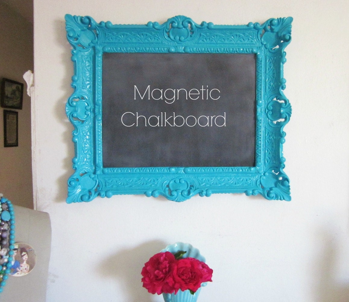 Chalkboard Magnetic Memo Board Fancy Ornate Frame Turquoise Seaside Blue