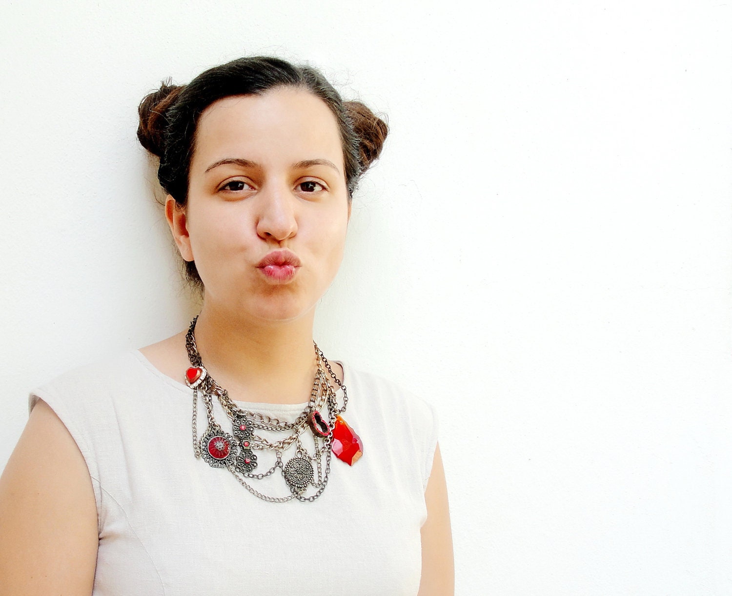 Amor Amor Love Necklace Red Steampunk Necklace and Earrings with Crystals and Chains