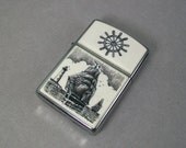 Scrimshaw Zippo Cigarette Lighter on ivory, Ship, Schooner, Lighthouse and Ships Wheel