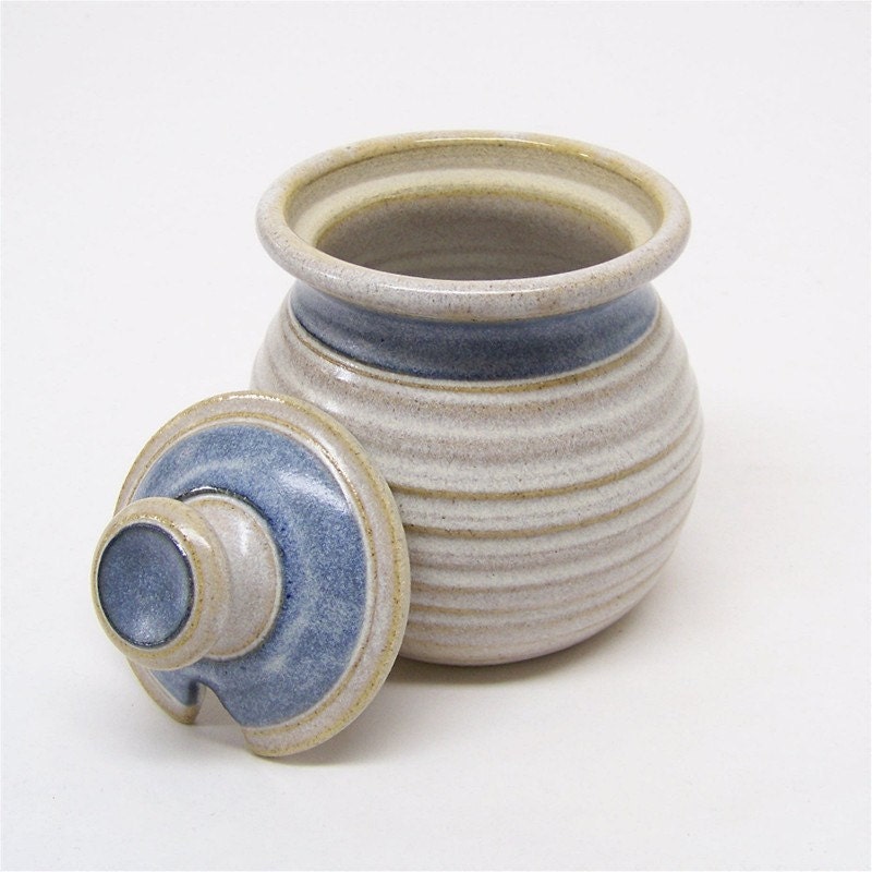 Honey Pot and Sugar jar In Soft White and Blue 2 cup pottery lidded jar