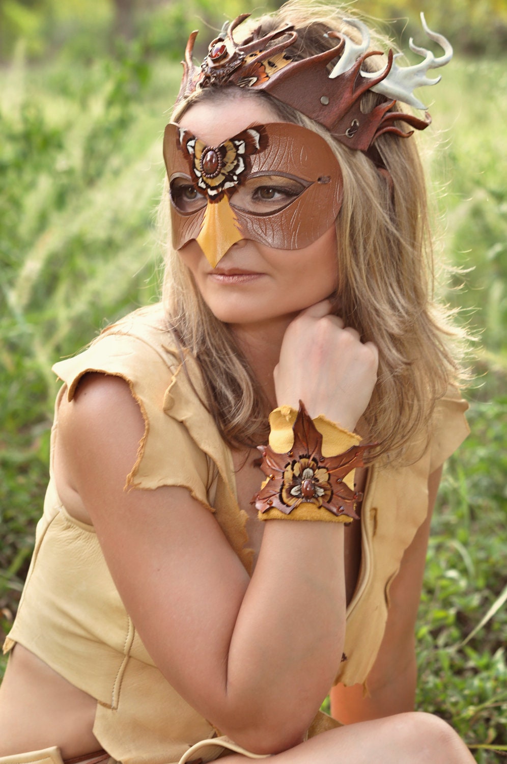Leather Maple Leaf Cuff With Feathers And Carnelian