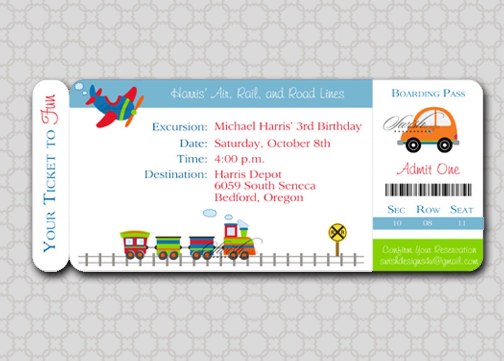 Transportation Birthday Invitation - Boarding Pass Invite - Planes, trains and automobiles, cars, digital file Il_570xn