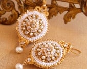 Golden Bridal Statement Earrings/ Wedding Jewelry / Ivory Freshwater Pearls, Rhinestones/ Floral Lace/ "Aurora"