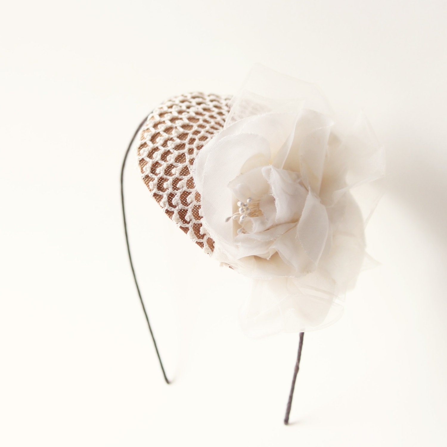 Ivory vintage rose fascinator, vintage crochet wedding hair accessory, bridal hair band