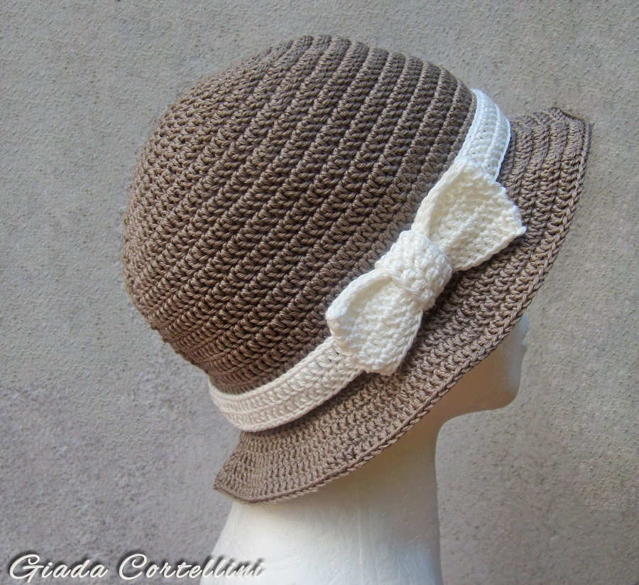 Clay and cream cotton yarn crochet hat, bow, retro, romantic, summer, sun, chic