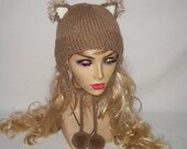 Sand Kitty Cat Ears Hat Knit Beanie with Cat Ear and Earflaps - Adult