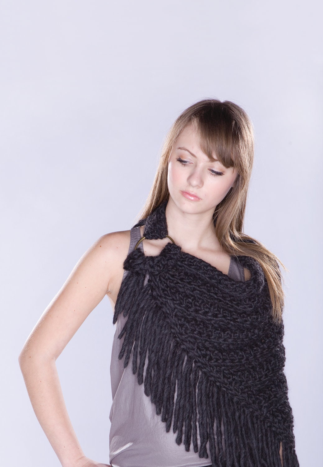 SALE - Spratters & Jayne Kerchief Bib Cowl Scarf With Rings, poncho,  crochet, heavy knit - Ready to Ship