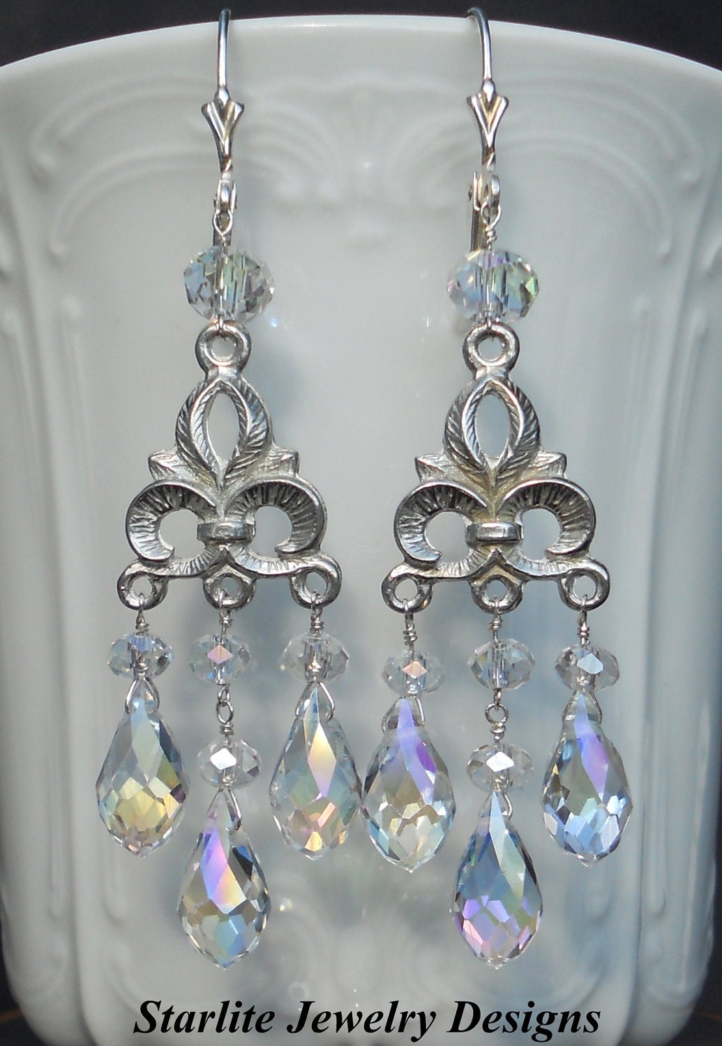 Aurora Borealis Briolette Crystal Chandelier Earrings - Vintage Fleur de Lis Earrings