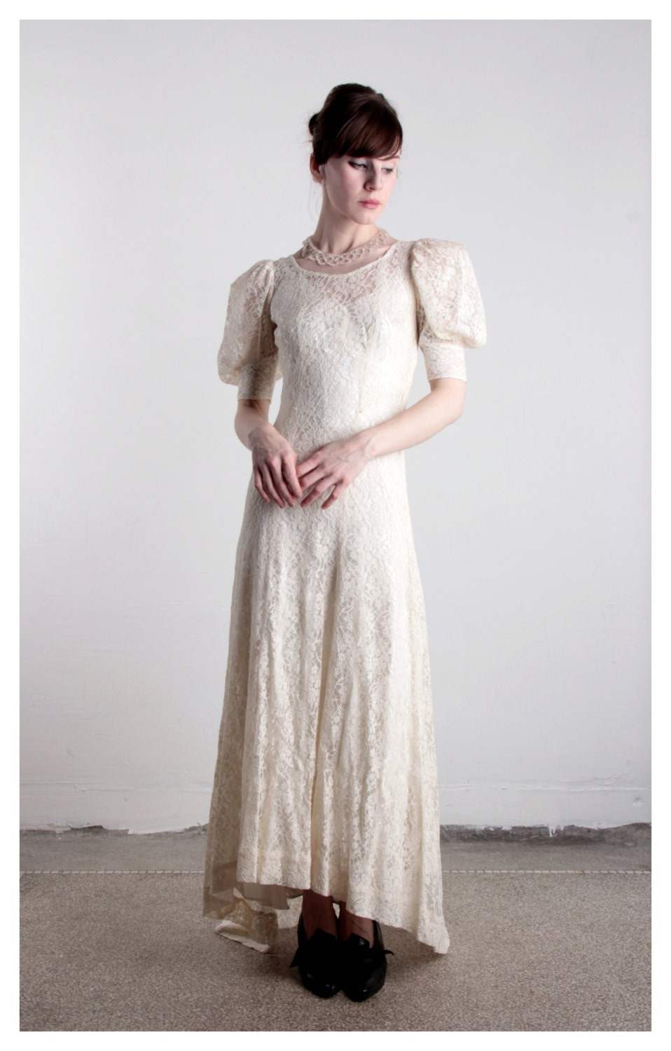 Antique Lace Wedding Gown . Two Piece Chemise and Outer Dress . Early 1900s