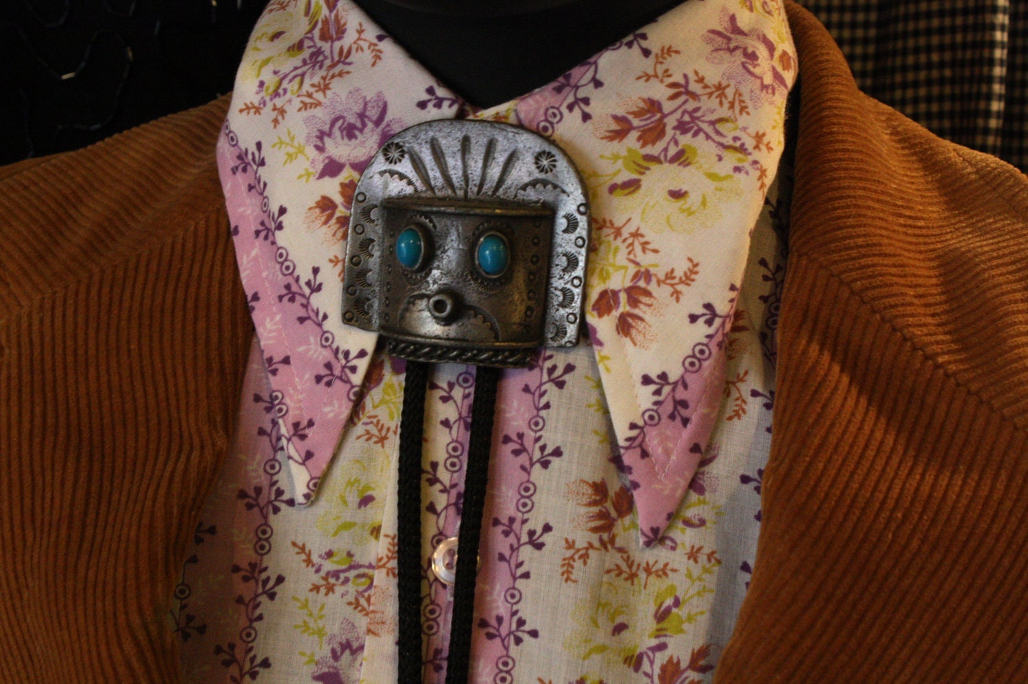 Ethnic 1970s Aztec Tin Man Bolo Tie