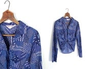 Vintage 1960s Blouse / Tie Front Blouse / Indigo Blue Patchwork Print / Medium M