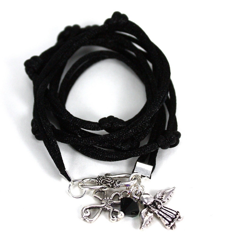 Black Satin Cord Wrap Bracelet with Victorian Cross, Angel and Hematite Swarovski Crystals