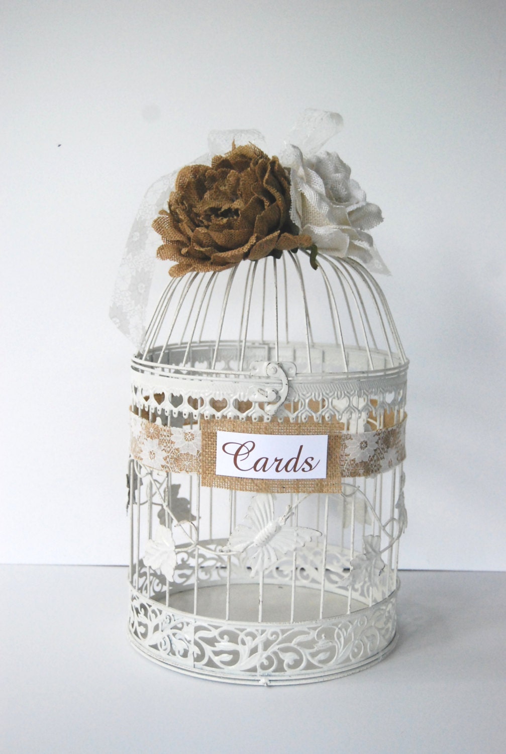 READY TO SHIP - Large Wedding Bird Cage Card Holder - Burlap And Lace With Burlap &  Ivory Flowers
