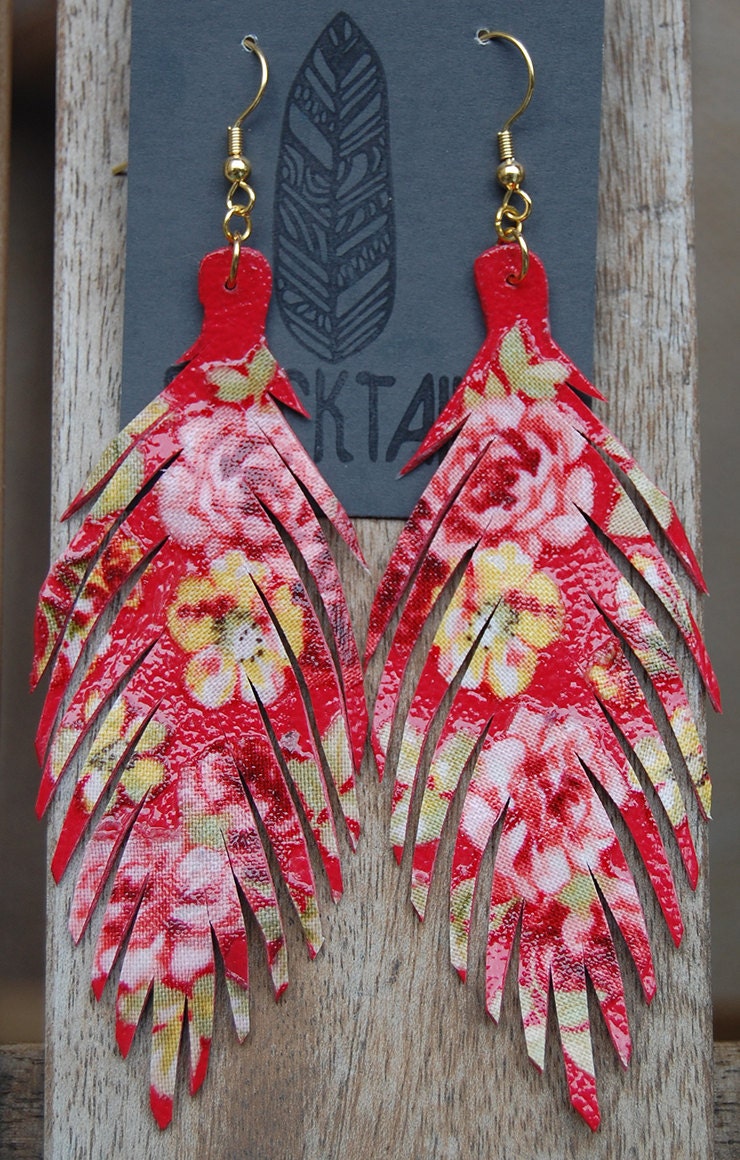 Large red floral print leather feather earrings
