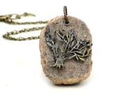 Tree Bark Pendant Necklace -Rustic Natural Wood Metal Chain Minimalist