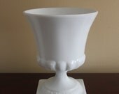 Vintage Footed Milk Glass Urn Vase Vessel Cache Pot With Greek Key Trim