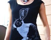 Dutch Rabbit tshirt - eco-friendly silver ink screenprint on black sheer cotton scoop neck - womens sizes S, M, L, XL