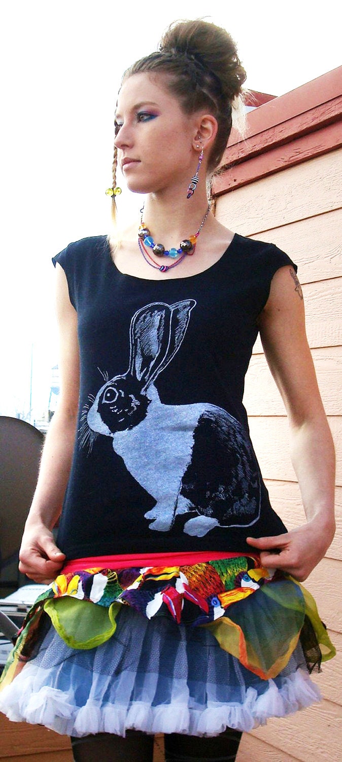 Dutch Rabbit tshirt - eco-friendly silver ink screenprint on black sheer cotton scoop neck - womens sizes S, M, L, XL